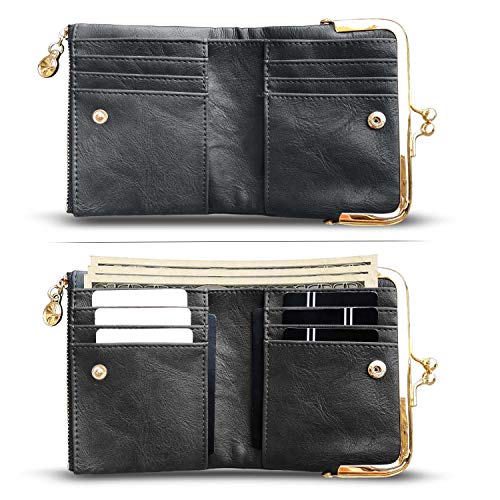 AOXONEL Womens Wallet Small Rfid Ladies Compact Bifold Leather Vintage Coin Purse With Zipper and Kiss Lock (Grey) - Image 2