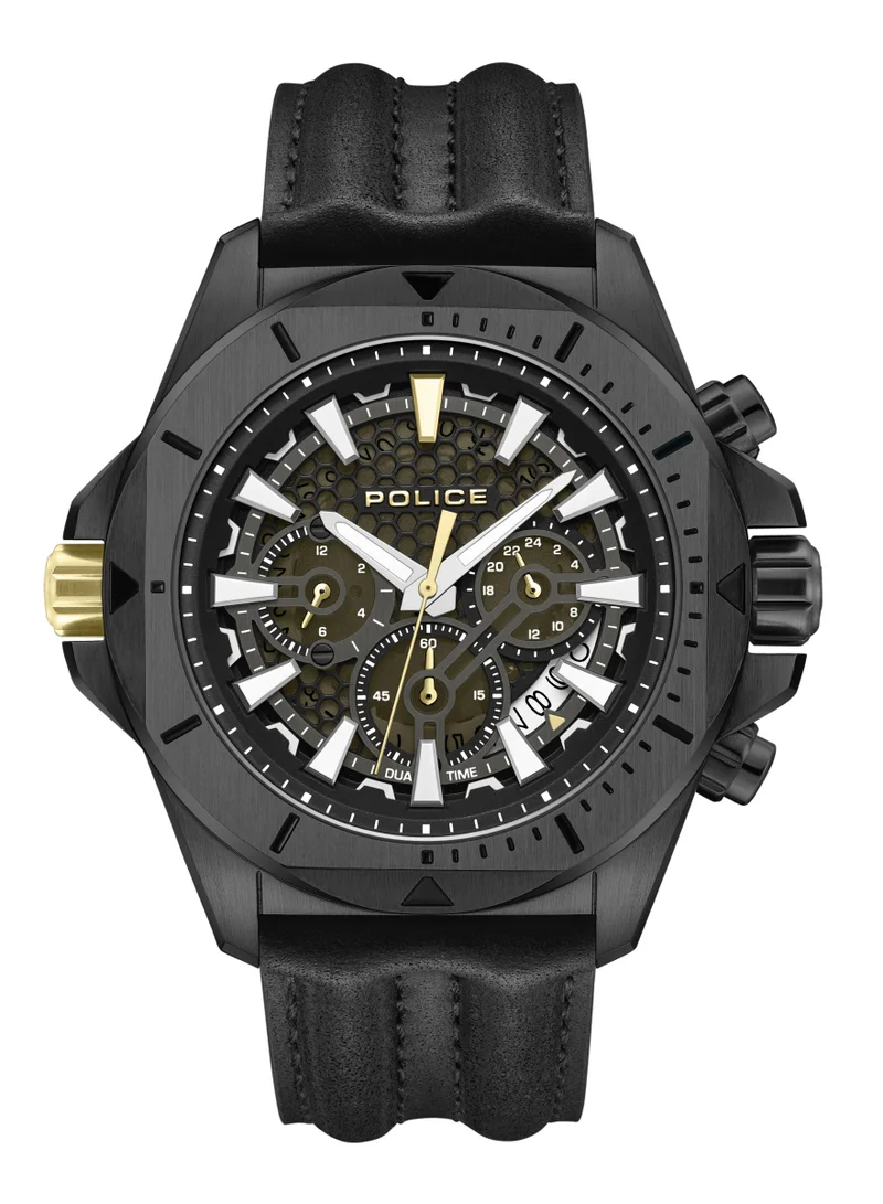 POLICE Electrical Black Dial Black Leather Strap Chronograph Watch for Men 45mm