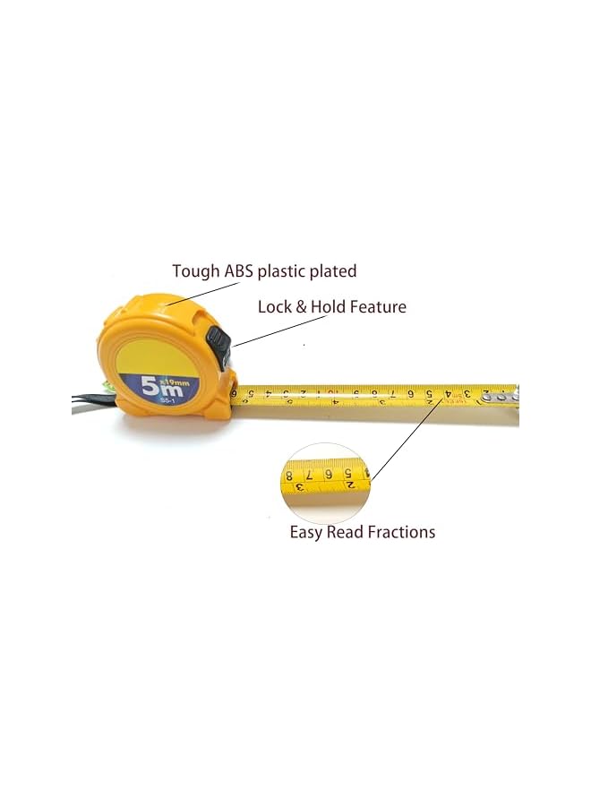 PROMASS promass Tape Measure 5m/7.5m/10m, Multi-Purpose Measuring Tape with Clear Fraction Markings, Non-Slip Grip, Auto-Lock & Manual Override for Construction, Engineerin (5m yellow)  - Image 4