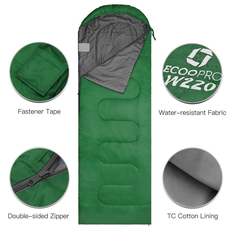 ECOOPRO Warm Weather Sleeping Bag - Portable, Waterproof, Compact Lightweight, Comfort with Compression Sack - Great for Outdoor Camping, Backpacking & Hiking-83 L x 30" W Fits Adults(Emerald Green) - Image 2