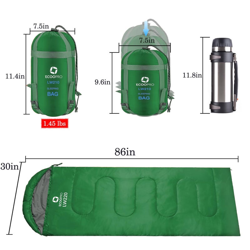 ECOOPRO Warm Weather Sleeping Bag - Portable, Waterproof, Compact Lightweight, Comfort with Compression Sack - Great for Outdoor Camping, Backpacking & Hiking-83 L x 30" W Fits Adults(Emerald Green) - Image 3