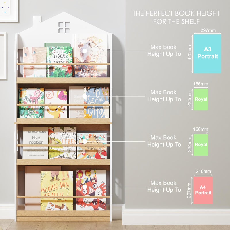 UTEX Kids Bookshelf Wall Mounted, 4-Tier Book Shelf Organizer, Tall Wooden Children's Bookcase, Storage Book Rack for Kids Room, Nursery, Bedroom, Living Room, White - Image 3