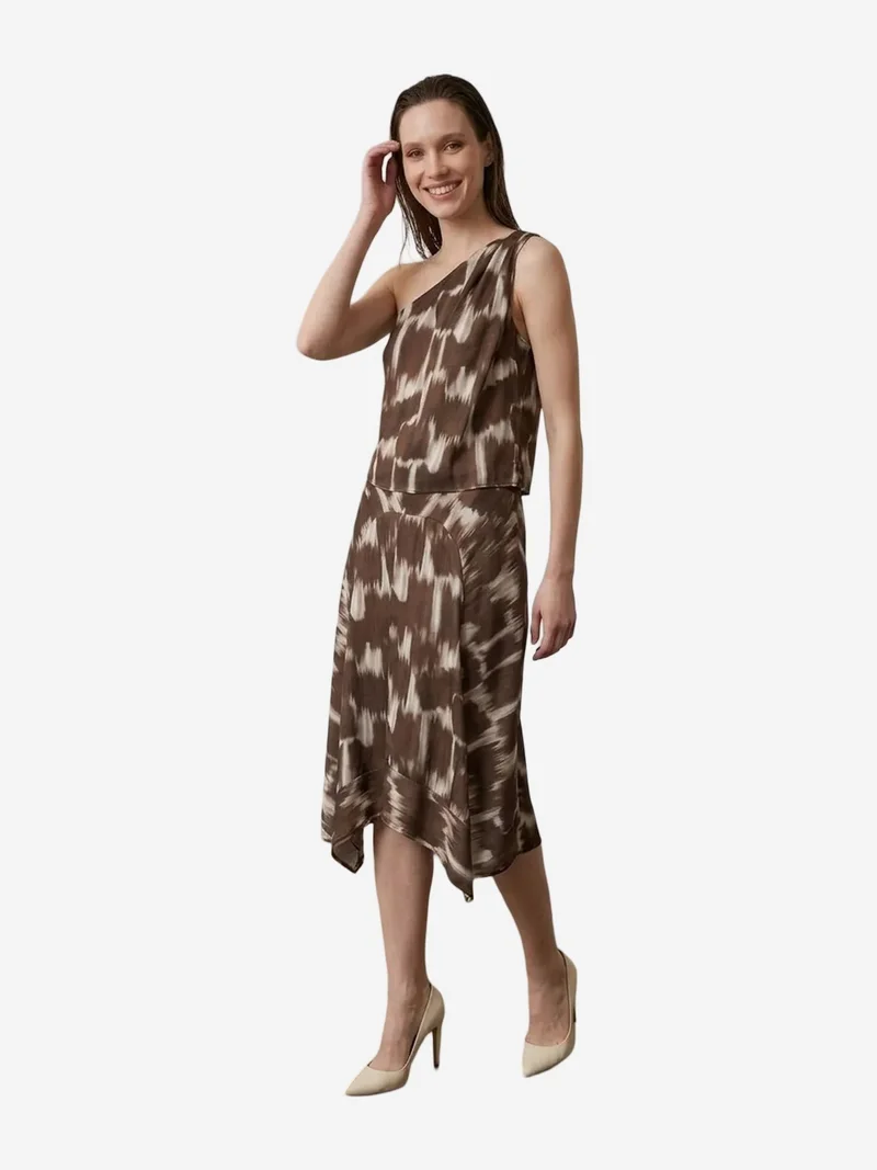 My Fashion Coffee Brown MY FASHION Asymmetrical Satin Blouse and Midi Skirt Set for Women | Best Price UAE