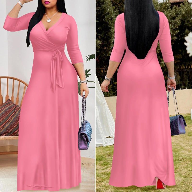 FANDEE Women's 2026 Maxi Dress - Solid Color Bohemian Summer Long Maxi Dress V-Neck 3/4 Sleeve Pink L - Image 5