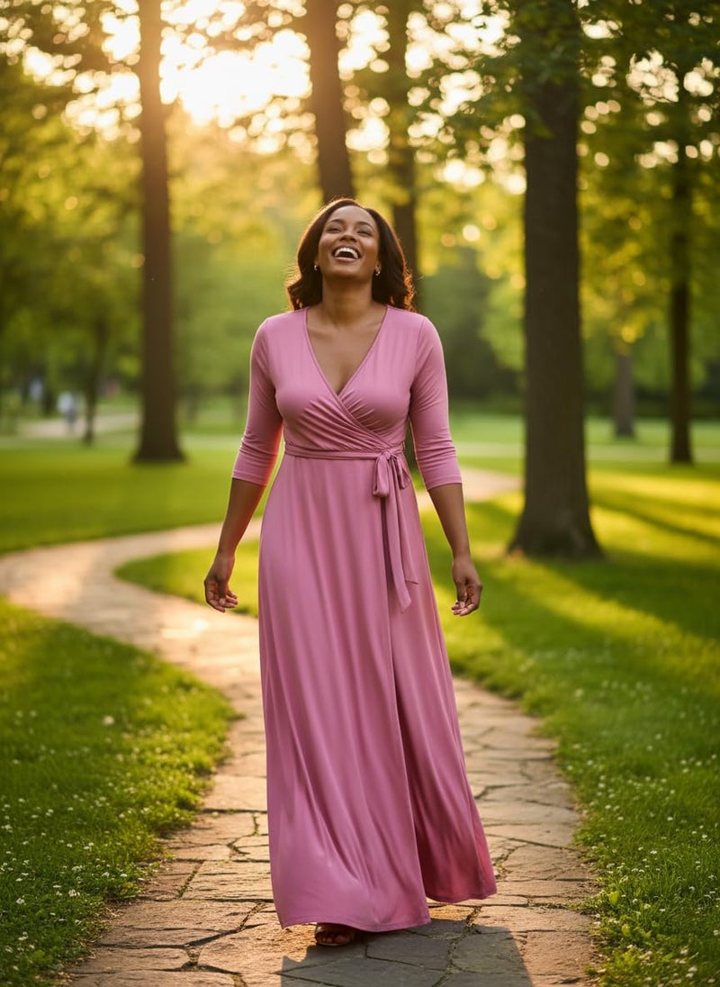 FANDEE Women's 2026 Maxi Dress - Solid Color Bohemian Summer Long Maxi Dress V-Neck 3/4 Sleeve Pink L - Image 3