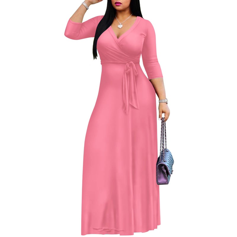 FANDEE Women's 2026 Maxi Dress - Solid Color Bohemian Summer Long Maxi Dress V-Neck 3/4 Sleeve Pink L - Image 2