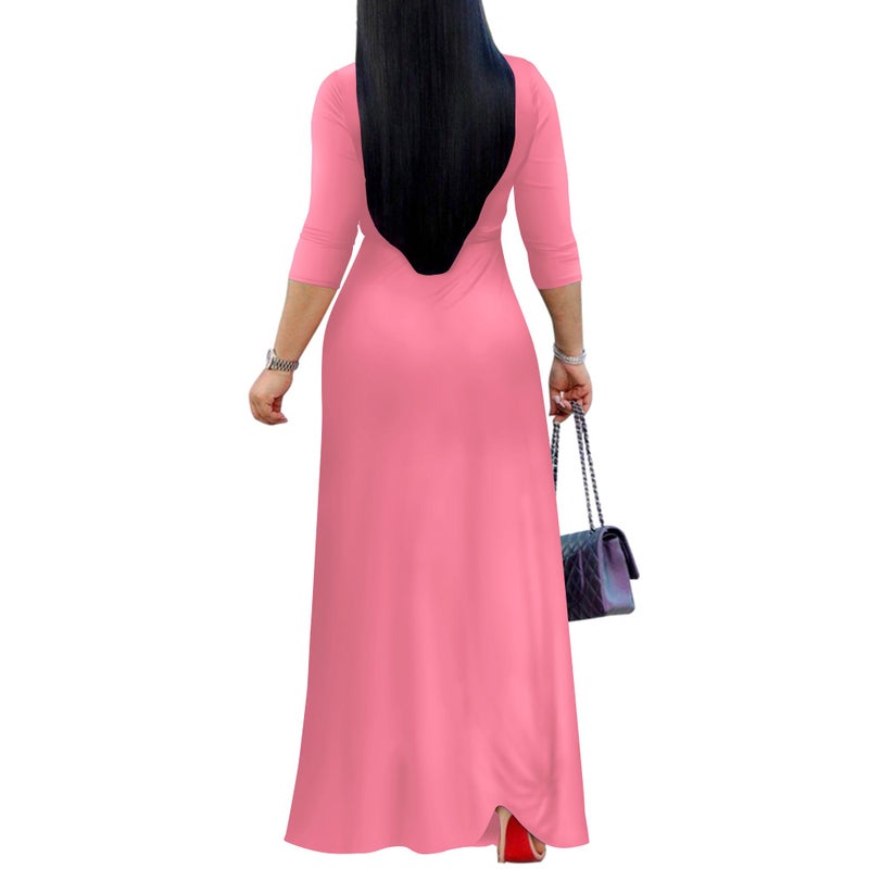 FANDEE Women's 2026 Maxi Dress - Solid Color Bohemian Summer Long Maxi Dress V-Neck 3/4 Sleeve Pink L - Image 4