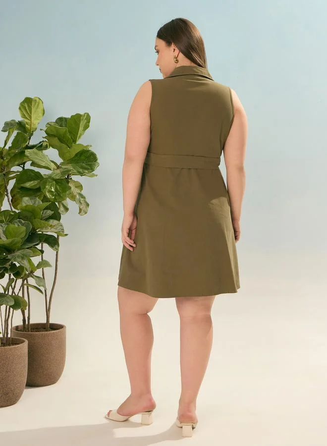 SASSAFRAS Plus Olive Twill Mini Blazer Dress with Tie Belt
