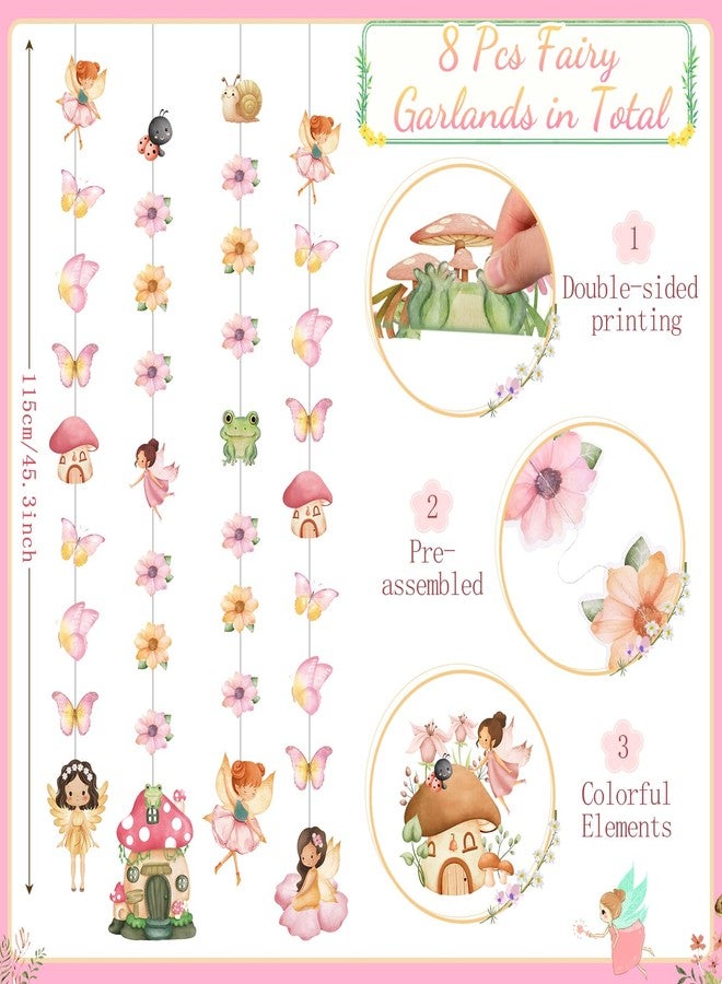 Daifunli 8 Pcs Fairy Party Decorations Fairy First Birthday Hanging Garlands Banner Butterfly Mushroom Flower Paper Cutouts Streamer for Wall Ceiling Decor Wonderland Garden Tale Floral Party Supplies - Image 3