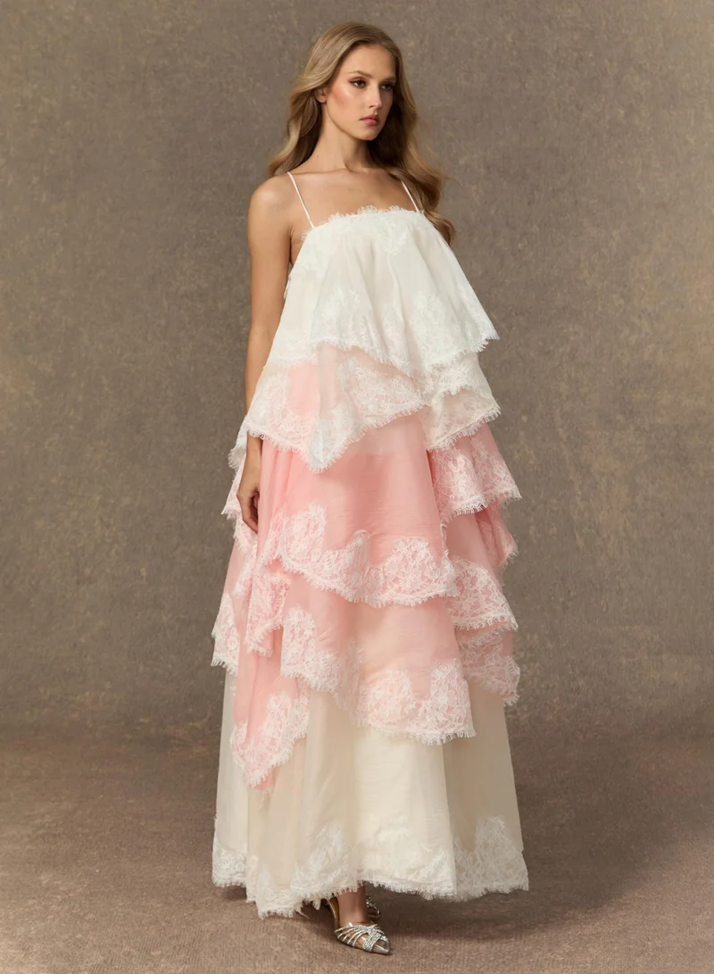 سنفير Endlessly Darling Pink Irregular Tiered Maxi Dress