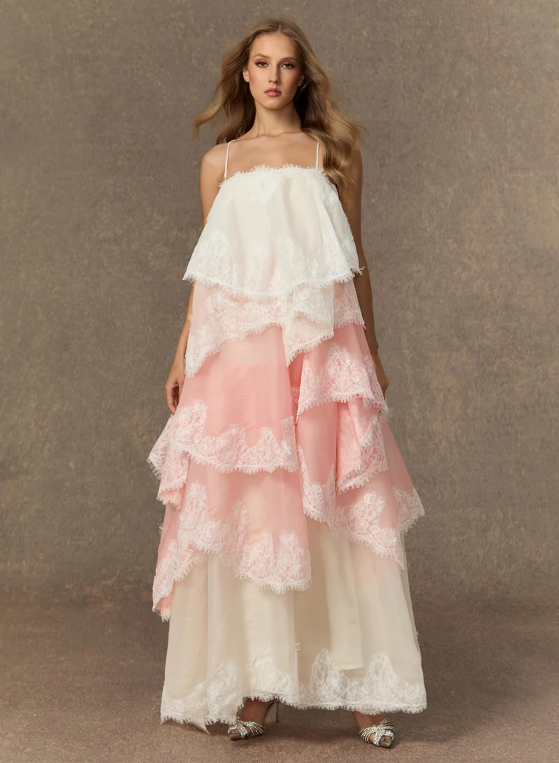 سنفير Endlessly Darling Pink Irregular Tiered Maxi Dress