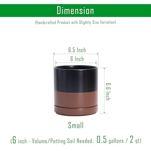 D'vine Dev Set of 2 Plants Pots, 6 Inch Ceramic Planter Pot for Plants with Drainage Hole and Saucer, Black/Speckled Tan, 94-V-C-7 - Image 3