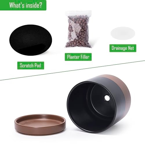 D'vine Dev Set of 2 Plants Pots, 6 Inch Ceramic Planter Pot for Plants with Drainage Hole and Saucer, Black/Speckled Tan, 94-V-C-7 - Image 4