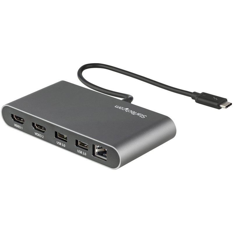 StarTech.com Dual-Monitor Thunderbolt Mini Dock, 4K 60Hz HDMI, Driverless Hub for Windows and Mac, Gigabit Ethernet, 1 x USB 5Gbps, 1x USB 2.0, 11in (28cm) Cable - Image 1