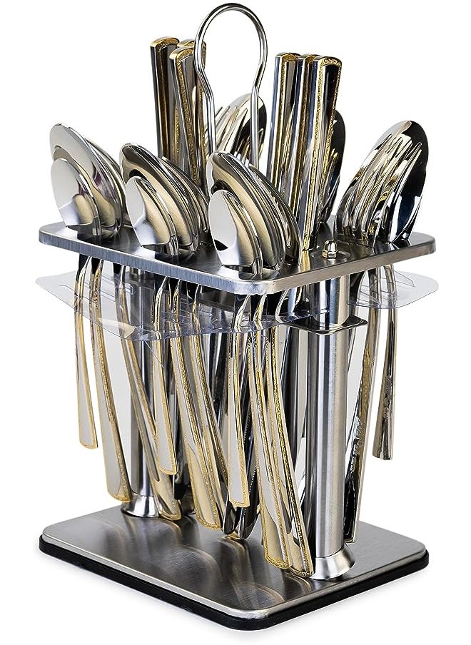 Cuisine Art 24 Piece Silverware Flatware Cutlery Set with Square Stand, Stainless Steel Includes 6 Knife, Fork, Tea Spoon, Dinner Mirror Polished, Dishwasher Safe  - Image 1