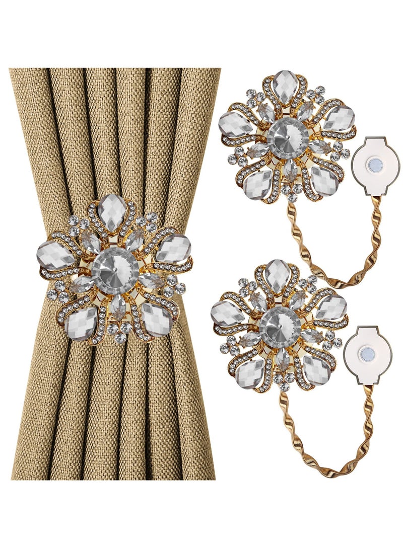 Captaintech 2 Pcs Curtain Tiebacks, Luxury Crystal Curtain Tieback, Magnetic Curtain Holdback with High-elastic Spring Wire for Living Room, Bedroom, Office (Gold) - Image 1