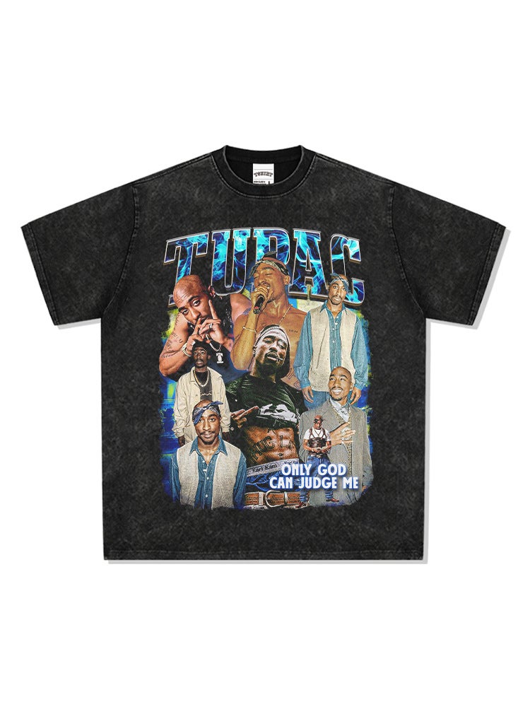 Retro hip hop rap tupac printed Street short sleeve washed distressed trendy brand T-shirt loose men's base shirt - Image 2