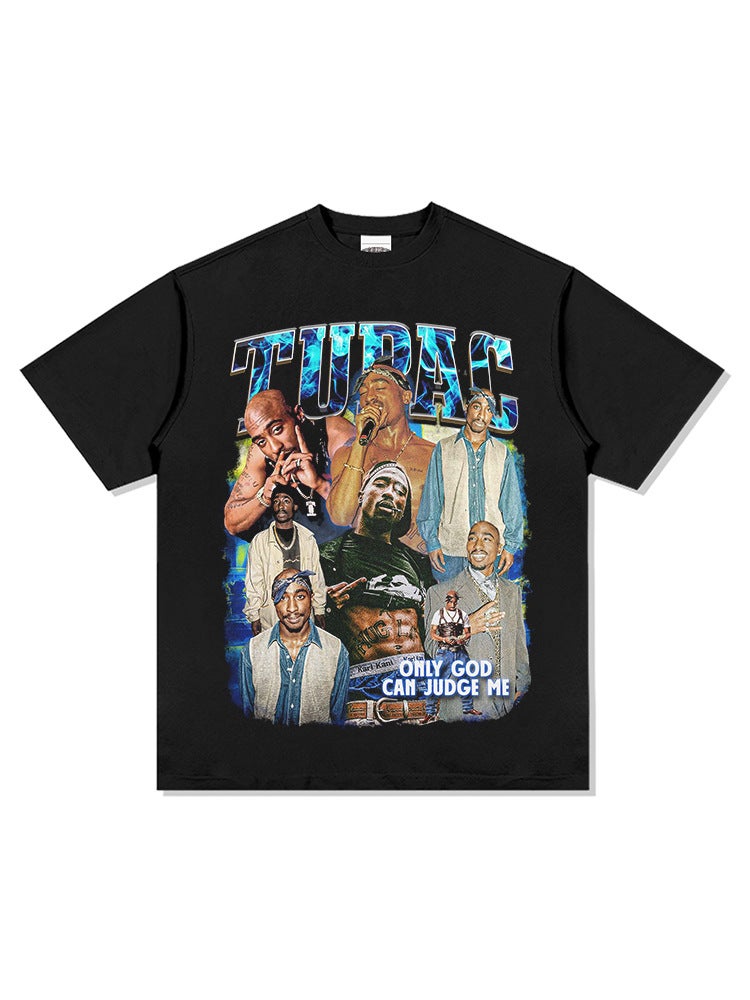 Retro hip hop rap tupac printed Street short sleeve washed distressed trendy brand T-shirt loose men's base shirt - Image 3