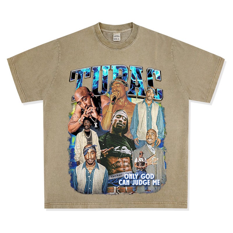 Retro hip hop rap tupac printed Street short sleeve washed distressed trendy brand T-shirt loose men's base shirt - Image 1