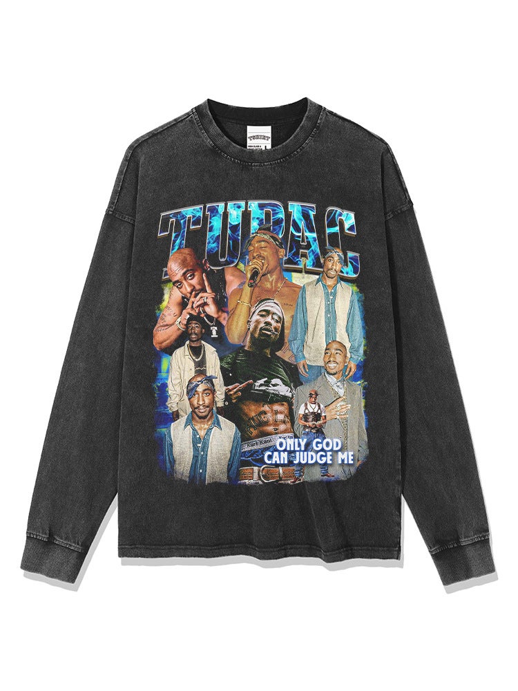 Retro hip hop rap tupac printed Street short sleeve washed distressed trendy brand T-shirt loose men's base shirt - Image 5