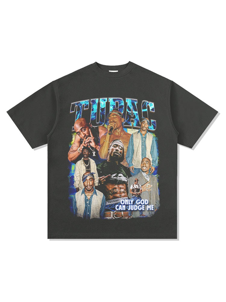 Retro hip hop rap tupac printed Street short sleeve washed distressed trendy brand T-shirt loose men's base shirt - Image 4