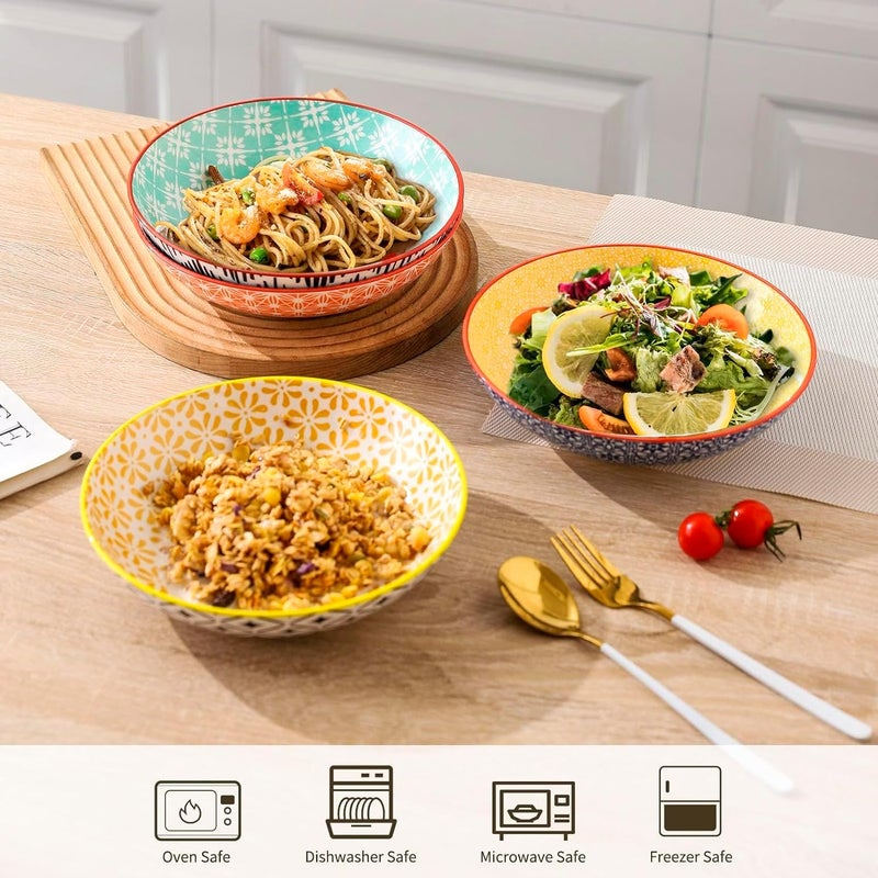 KOLLOV أطباق باستا 33 أونصة وعاء سلطة كبير من الخزف مجموعة من 4 لأواني المطبخ 85 وعاء واسع لأطباق الباستا والحساء والفواكه آمنة للاستخدام في الميكروويف - Image 3