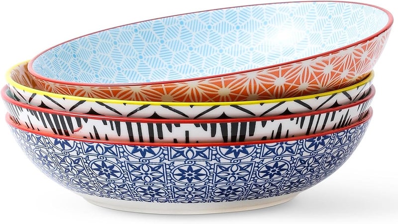 KOLLOV أطباق باستا 33 أونصة وعاء سلطة كبير من الخزف مجموعة من 4 لأواني المطبخ 85 وعاء واسع لأطباق الباستا والحساء والفواكه آمنة للاستخدام في الميكروويف - Image 1