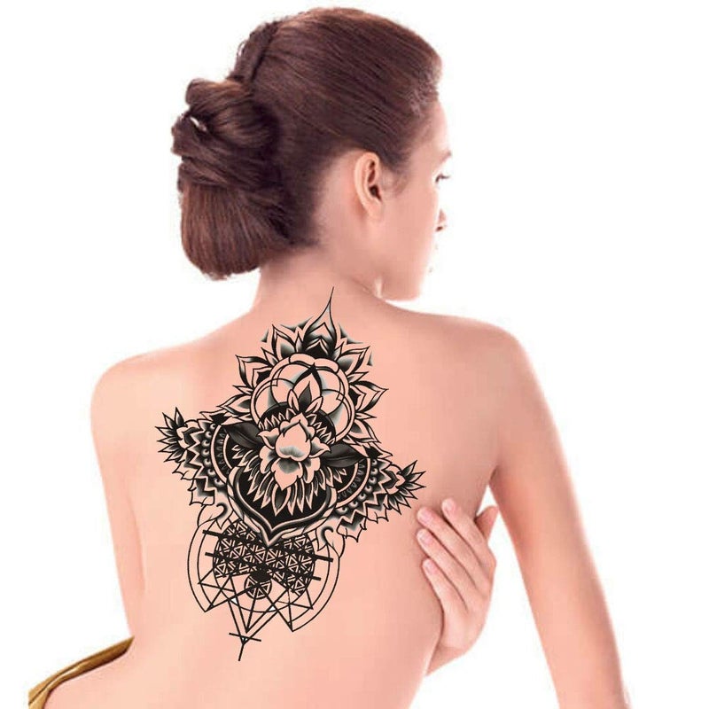 JIANG Temporary Floral Tattoos Adults for Women Temporary Neck Long Lasting Temp Realistic Fake Unique Tattoo Mandala Body flowers Sticker Women Real Looking Fake Tatoos (geometry) - Image 4