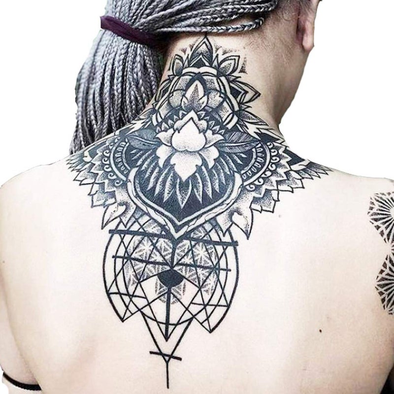 JIANG Temporary Floral Tattoos Adults for Women Temporary Neck Long Lasting Temp Realistic Fake Unique Tattoo Mandala Body flowers Sticker Women Real Looking Fake Tatoos (geometry) - Image 1