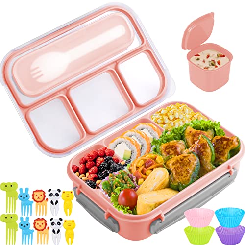 Bento Box Lunch Box Kids 1300ML Bento Box Adult Lunch Box with 4 Compartment Food Picks Cake Cups Lunch Box Containers for AdultsKidsToddler LeakProof MicrowaveDishwasherFreezer SafePink