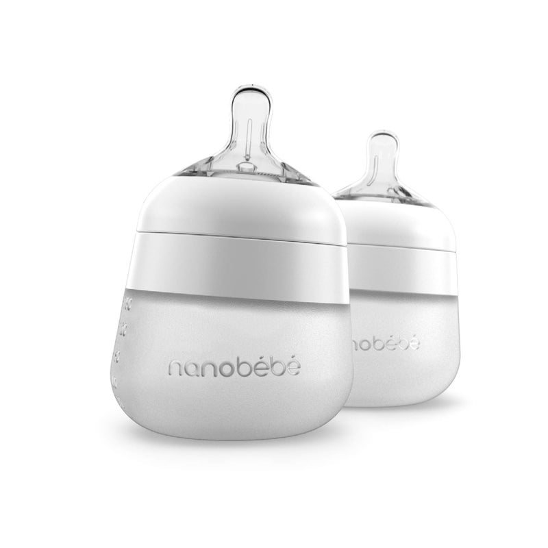 NANOBÉBÉ Nanobebe Flexy Silicone Baby Bottle, Anti-Colic, Natural Feel, Non-Collapsing Nipple, Non-Tip Stable Base, Easy to Clean 2-Pack, White, 5 oz - Image 1