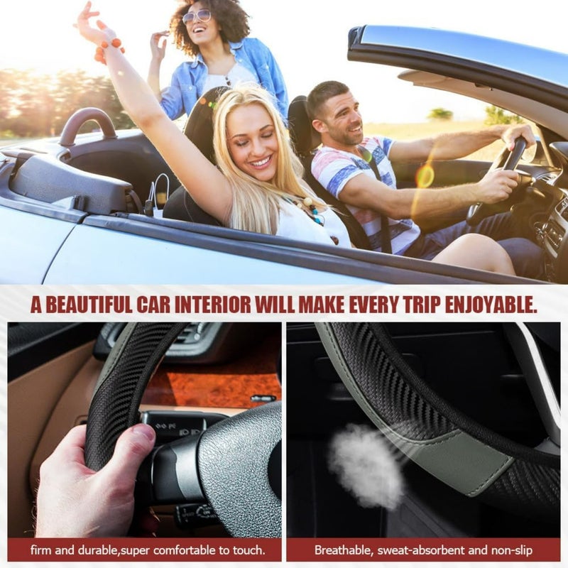 Car steering wheel cover, steering wheel protective cover, universal 37-38 cm cover, leather cover, breathable microfiber, women's carbon fiber steering wheel cover (grey) - Image 5