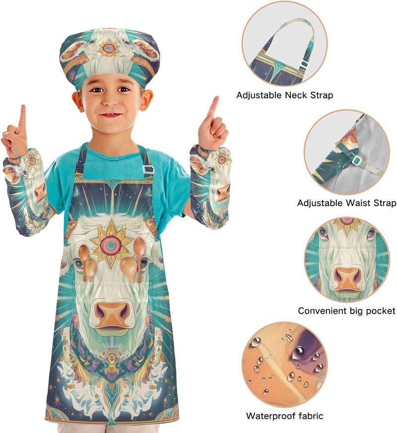KLL Children Grill Aprons Functional Cow Tarot Cooking Aprons Toddler Chef Hat Set for Boys Girls Art Painting Activity 3-12 Years Old - Image 4