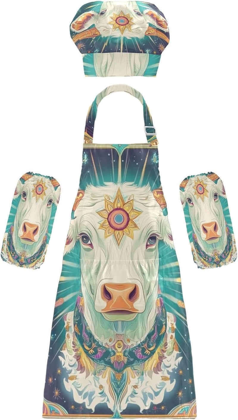 KLL Children Grill Aprons Functional Cow Tarot Cooking Aprons Toddler Chef Hat Set for Boys Girls Art Painting Activity 3-12 Years Old - Image 1