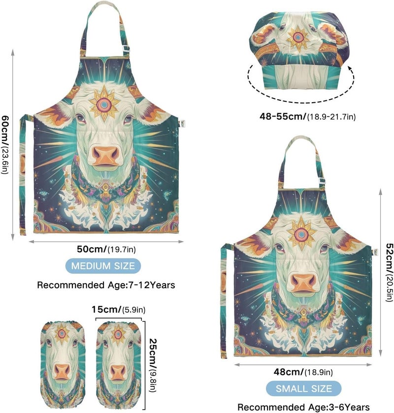 KLL Children Grill Aprons Functional Cow Tarot Cooking Aprons Toddler Chef Hat Set for Boys Girls Art Painting Activity 3-12 Years Old - Image 3