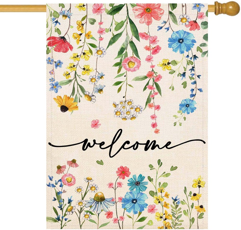 Baccessor Spring Summer Welcome Floral House Flag 28x40 Inch Double Sided Large Yard Flag Outside Outdoor Seasonal Burlap Flowers Flags Home Patio Decoration - Image 1