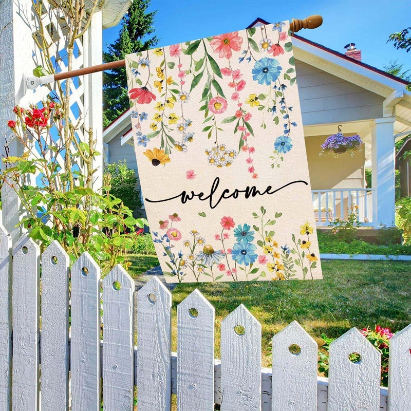 Baccessor Spring Summer Welcome Floral House Flag 28x40 Inch Double Sided Large Yard Flag Outside Outdoor Seasonal Burlap Flowers Flags Home Patio Decoration - Image 3