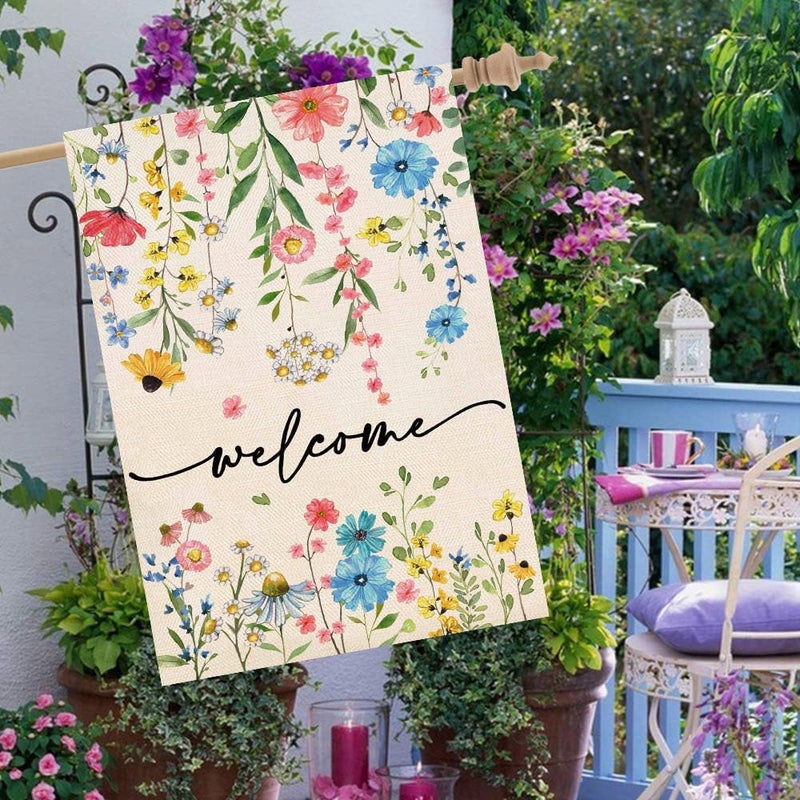 Baccessor Spring Summer Welcome Floral House Flag 28x40 Inch Double Sided Large Yard Flag Outside Outdoor Seasonal Burlap Flowers Flags Home Patio Decoration - Image 2