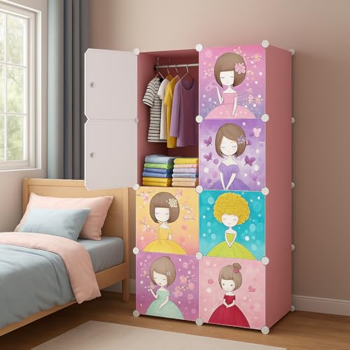 EXVITO Kids Portable DIY Cartoon Wardrobe | Multi-Shelf Almirah for Baby Clothes Storage | Plastic Kids Cupboard with Hanging Space | Sun Protection with Anti-Slip Handle (Pink, 8 Door) - Image 1