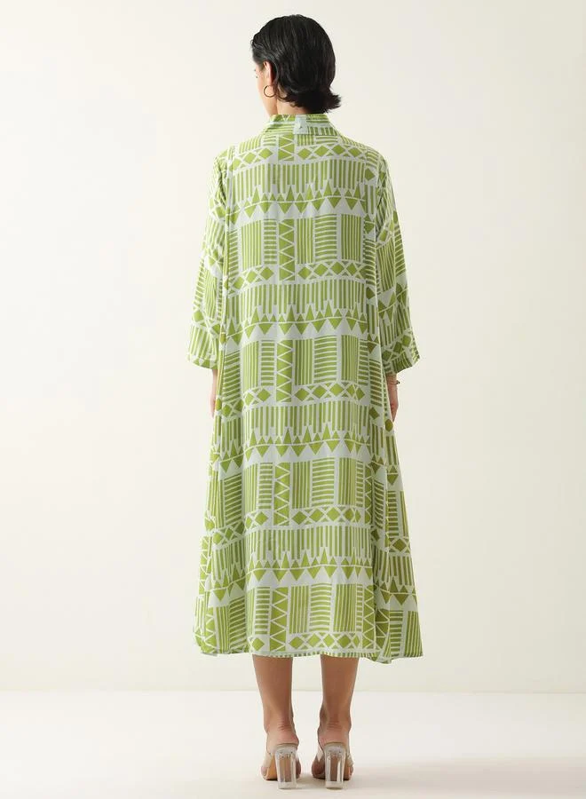 Sanskrutihomes Olive Geometric A-Line Midi Dress with 3/4 Sleeves