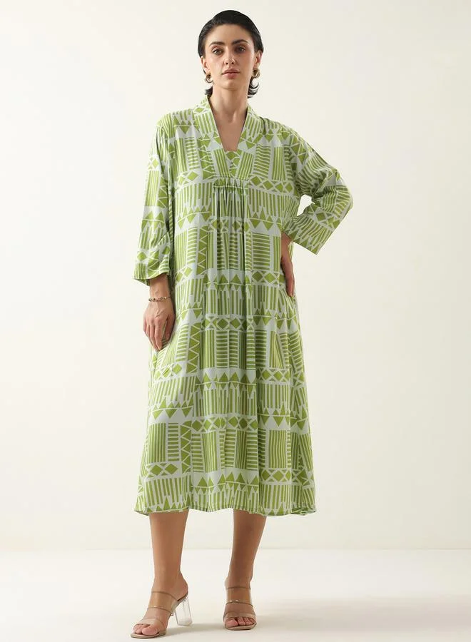 Sanskrutihomes Olive Geometric A-Line Midi Dress with 3/4 Sleeves