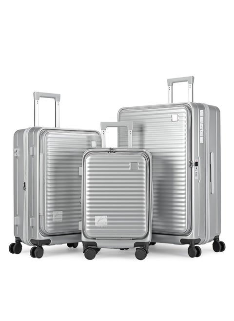 STYLISH POLYPROPYLENE + POLYCARBONATE FRONT OPEN EXPANDABLE AND UNBREAKABLE LIGHT WEIGHT LUGGAGE BAG SET OF 3 PIECES DEDICATED LAPTOP KEEPING AREA, TSA APPROVED LOCK HARD SHELL, 360 DEGREE ROTATING WHEELS SUITCASE - 20"/24"/28" - SILVER