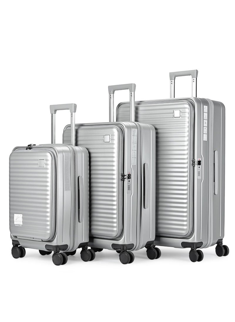STYLISH POLYPROPYLENE + POLYCARBONATE FRONT OPEN EXPANDABLE AND UNBREAKABLE LIGHT WEIGHT LUGGAGE BAG SET OF 3 PIECES DEDICATED LAPTOP KEEPING AREA, TSA APPROVED LOCK HARD SHELL, 360 DEGREE ROTATING WHEELS SUITCASE - 20"/24"/28" - SILVER