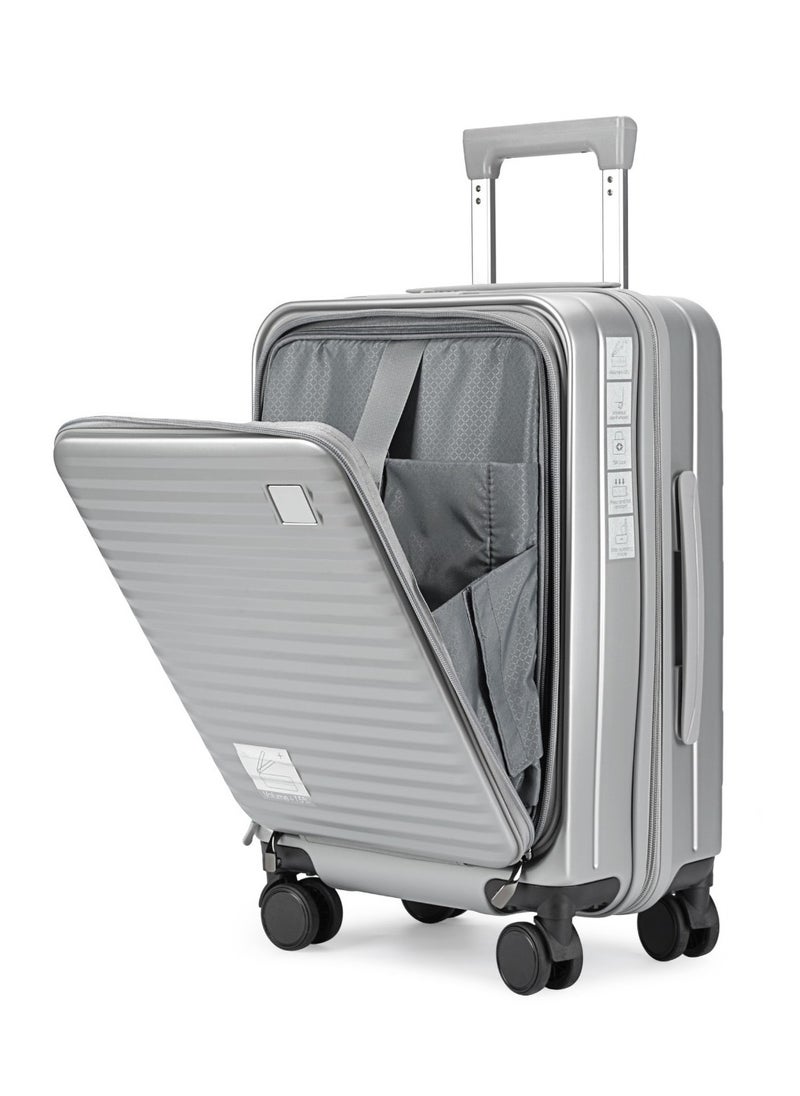 STYLISH POLYPROPYLENE + POLYCARBONATE FRONT OPEN EXPANDABLE AND UNBREAKABLE LIGHT WEIGHT LUGGAGE BAG SET OF 3 PIECES DEDICATED LAPTOP KEEPING AREA, TSA APPROVED LOCK HARD SHELL, 360 DEGREE ROTATING WHEELS SUITCASE - 20"/24"/28" - SILVER