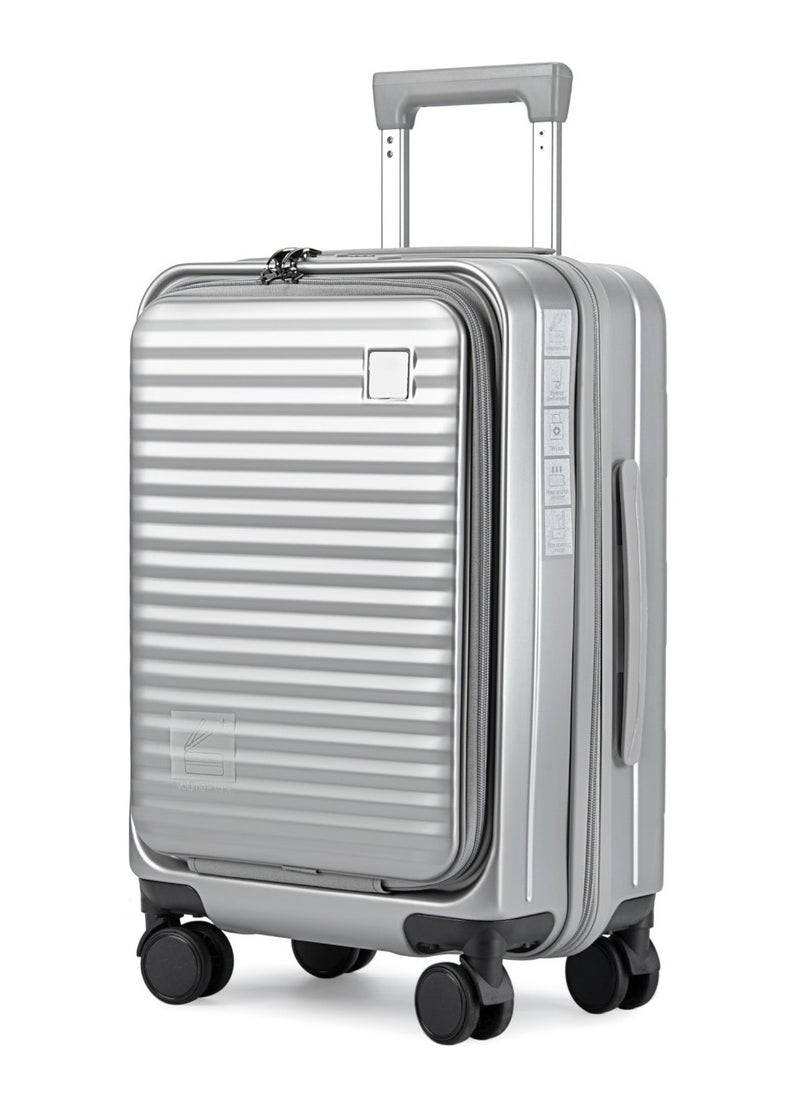 STYLISH POLYPROPYLENE + POLYCARBONATE FRONT OPEN EXPANDABLE AND UNBREAKABLE LIGHT WEIGHT LUGGAGE BAG SET OF 3 PIECES DEDICATED LAPTOP KEEPING AREA, TSA APPROVED LOCK HARD SHELL, 360 DEGREE ROTATING WHEELS SUITCASE - 20"/24"/28" - SILVER