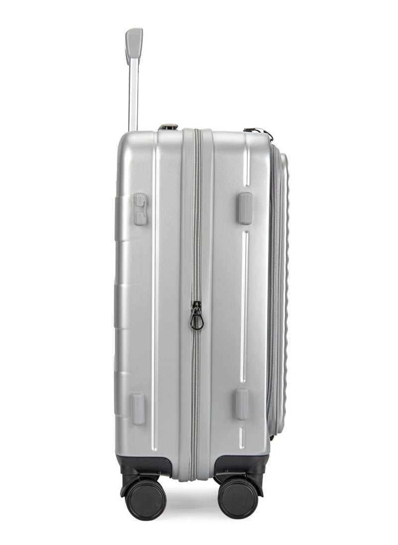 STYLISH POLYPROPYLENE + POLYCARBONATE FRONT OPEN EXPANDABLE AND UNBREAKABLE LIGHT WEIGHT LUGGAGE BAG SET OF 3 PIECES DEDICATED LAPTOP KEEPING AREA, TSA APPROVED LOCK HARD SHELL, 360 DEGREE ROTATING WHEELS SUITCASE - 20"/24"/28" - SILVER
