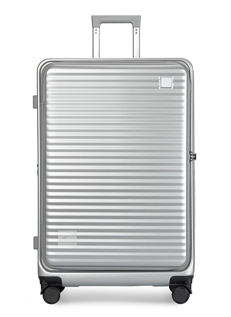 STYLISH POLYPROPYLENE + POLYCARBONATE FRONT OPEN EXPANDABLE AND UNBREAKABLE LIGHT WEIGHT LUGGAGE BAG SET OF 3 PIECES DEDICATED LAPTOP KEEPING AREA, TSA APPROVED LOCK HARD SHELL, 360 DEGREE ROTATING WHEELS SUITCASE - 20"/24"/28" - SILVER