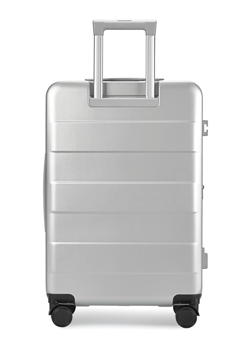 STYLISH POLYPROPYLENE + POLYCARBONATE FRONT OPEN EXPANDABLE AND UNBREAKABLE LIGHT WEIGHT LUGGAGE BAG SET OF 3 PIECES DEDICATED LAPTOP KEEPING AREA, TSA APPROVED LOCK HARD SHELL, 360 DEGREE ROTATING WHEELS SUITCASE - 20"/24"/28" - SILVER