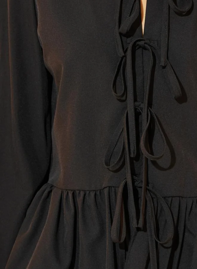 Take Two Tie-Up Front Peplum Top with Volume Sleeves