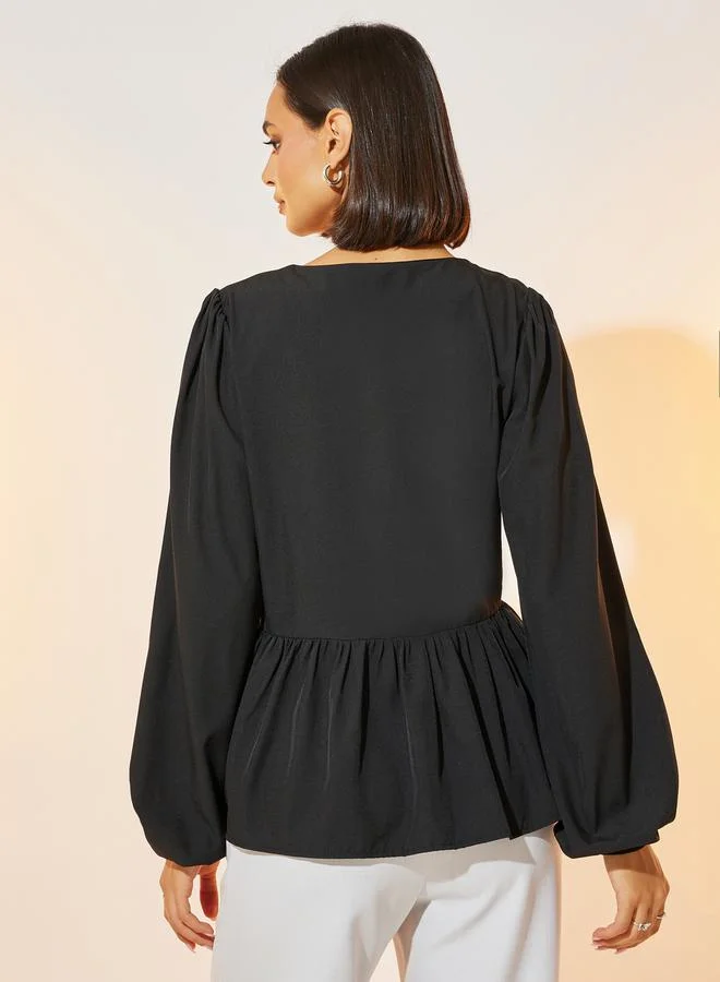 Take Two Tie-Up Front Peplum Top with Volume Sleeves